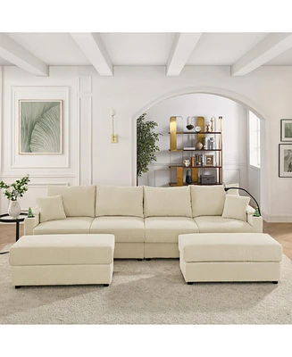 U-Shaped Beige Corduroy Couch with Storage Ottomans