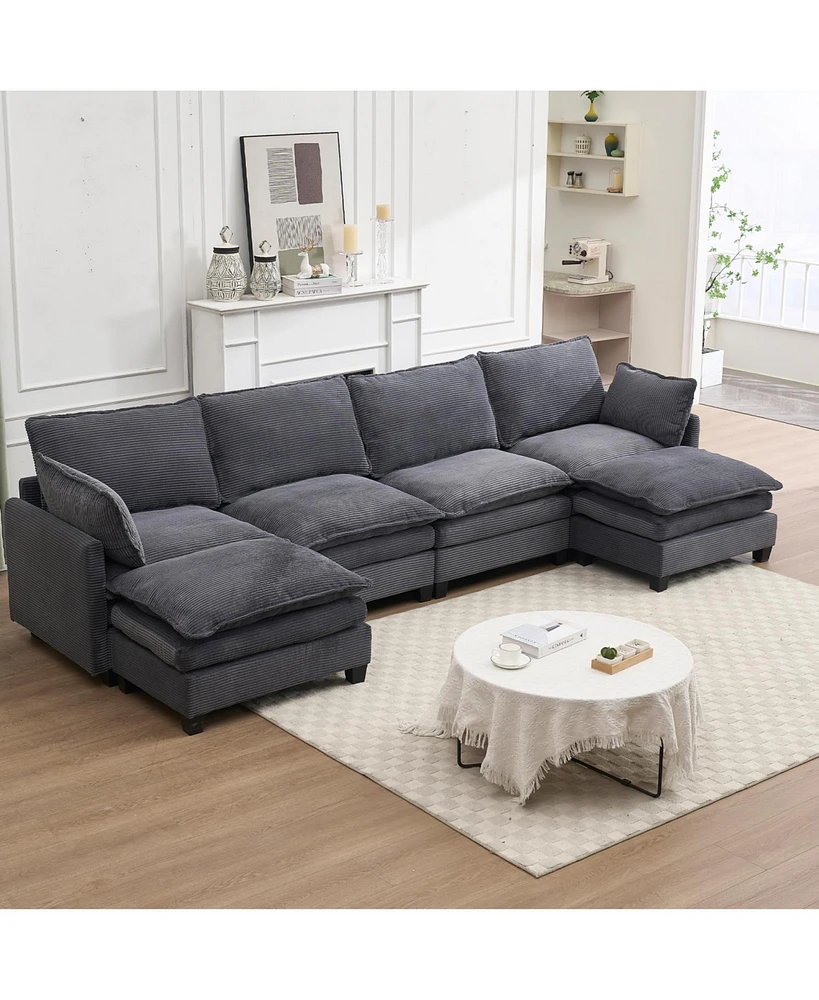 Oversized Velvet Modular Sofa U-Shape Couch with Ottomans & Pillows
