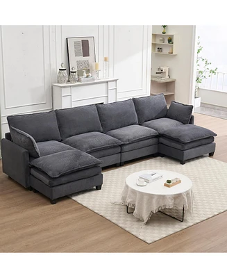 Oversized Velvet Modular Sofa U-Shape Couch with Ottomans & Pillows