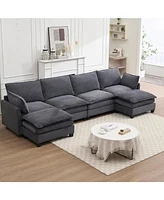 Oversized Velvet Modular Sofa U-Shape Couch with Ottomans & Pillows