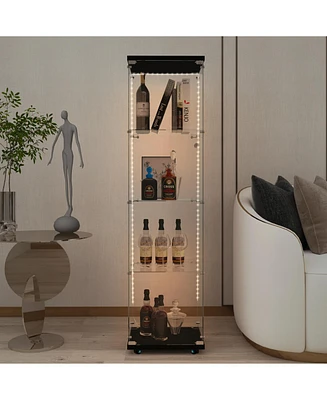 Black Tempered Glass Cabinet w/ Led, Lock & Wheels