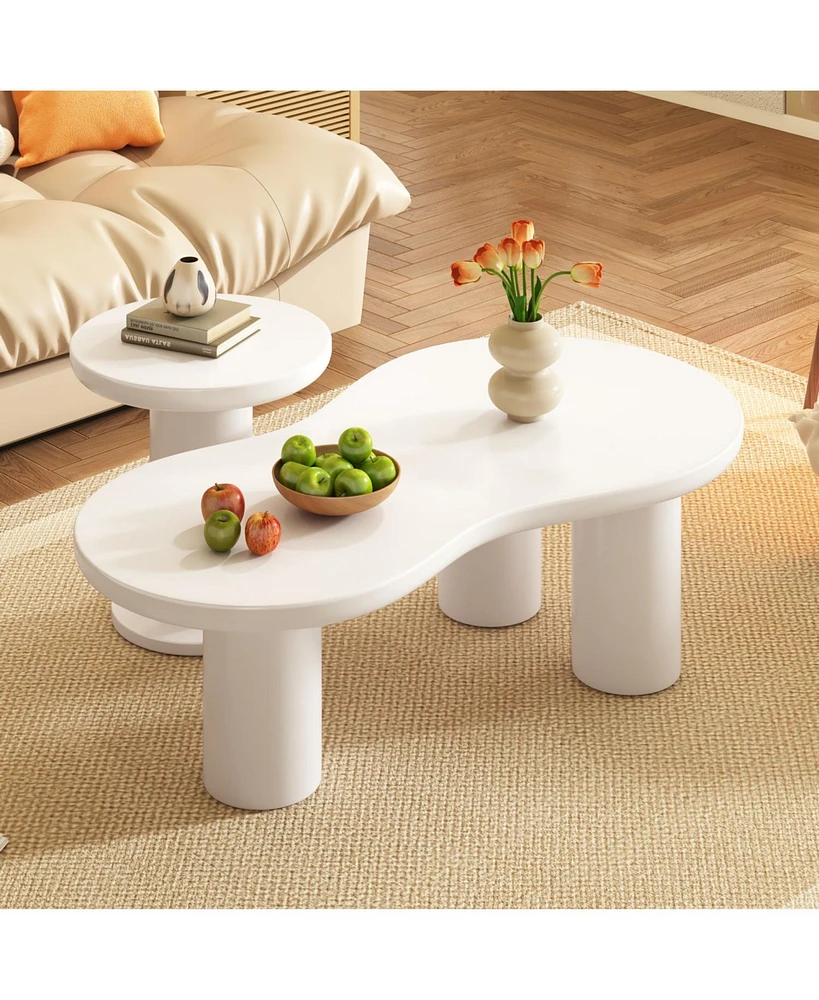 Easy Assembly Nesting Coffee Table Set of 2, Cream Style Cloud Coffee Table with Round Small Side Table, Irregular Center Table with Thick Legs for Li