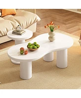 Easy Assembly Nesting Coffee Table Set of 2, Cream Style Cloud Coffee Table with Round Small Side Table, Irregular Center Table with Thick Legs for Li