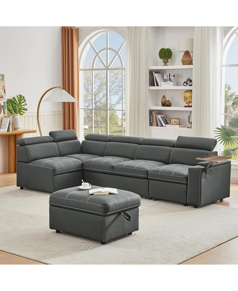 Grey Fabric Sectional Sofa with Storage Ottoman