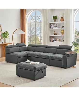 Grey Fabric Sectional Sofa with Storage Ottoman