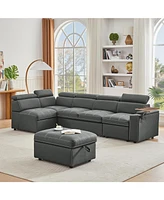 Grey Fabric Sectional Sofa with Storage Ottoman