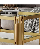 Top and Bottom Double Layer Tempered Glass Coffee Table and Mirror Finished Stainless Steel Frame