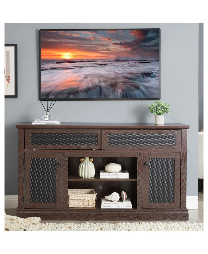Embossed Tv Stand with Sliding Door, Dark Cherry, 58"W x 15"D x 31.7"H
