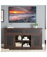 Embossed Tv Stand with Sliding Door, Dark Cherry, 58"W x 15"D x 31.7"H