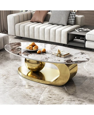 51 Inches Oval Faux Marble Coffee Table for Living Room with Stainless Steel Base