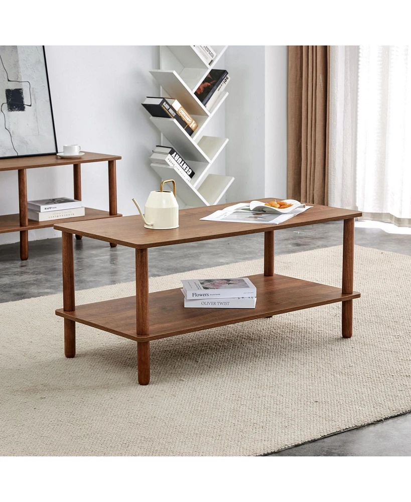Modern 2-Tier Coffee Table with Open Shelf, Rubberwood Legs
