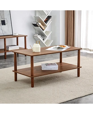 Modern 2-Tier Coffee Table with Open Shelf, Rubberwood Legs