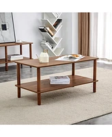 Modern 2-Tier Coffee Table with Open Shelf, Rubberwood Legs