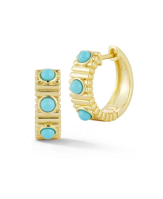Rachel Zoe 14K Gold Plated Sterling Silver Tri-Turquoise Ribbed Hoop Earrings