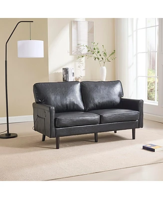 Mid-Century Loveseat with Usb & Removable Cover (Black Pu)