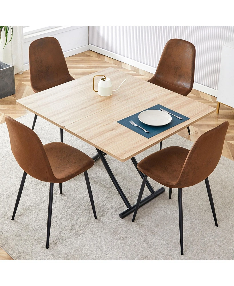 Modern Minimalist Table Set: Multifunctional Desk with 4 Brown Fabric Chairs