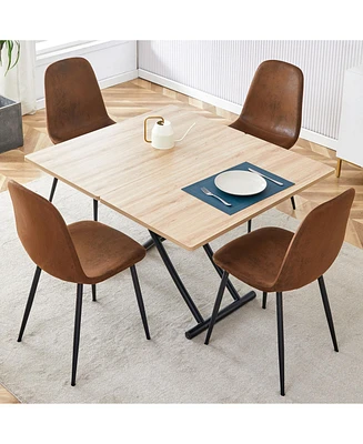 Modern Minimalist Table Set: Multifunctional Desk with 4 Brown Fabric Chairs