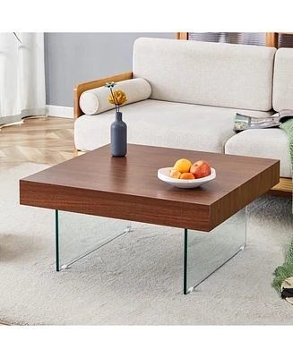 Walnut Square Coffee Table with Tempered Glass Legs (31.5"x31.5")