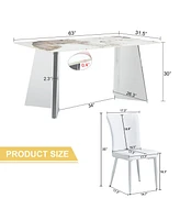 Pandora Patterned Sintered Stone Table with Stainless Steel Legs and 4 Pu Chairs
