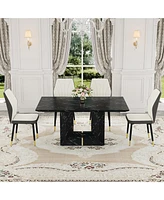Black Marble Dining Set with White & Gray Pu Chairs