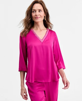 Jm Collection Women's Beaded V-Neck 3/4-Sleeve Top, Exclusively at Macy's