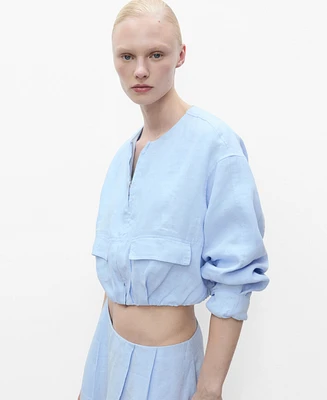 Mango Women's Pocketed Cropped Linen Jacket