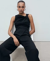 Mango Women's Draped Neck Long Culotte Jumpsuit