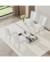 Transparant Glass Dining Set: 63"x35" Table with 4 Pu Stripe Chairs
