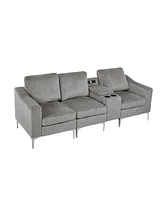 Convertible Sectional Corduroy Sofa with Cupholders, Usb,Three-seater,Gray
