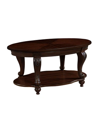 42'' oval wood coffee table for Living Room, 2-Tier Solid Wood Cocktail Table with Open Storage Shelf, Easy Assembly, Cherry