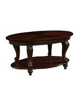 42'' oval wood coffee table for Living Room, 2-Tier Solid Wood Cocktail Table with Open Storage Shelf, Easy Assembly, Cherry