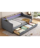 Twin Daybed with Storage, Shelves & Usb Ports, Linen Upholstered Sofa with Led Light