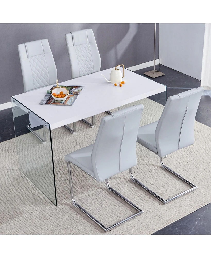 White Mdf Coffee Table with Glass Legs and 4 Gray Pu Chairs