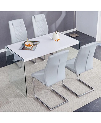 White Mdf Coffee Table with Glass Legs and 4 Gray Pu Chairs