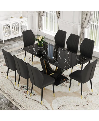 Black Marble Pattern Tempered Glass Dining Set - 71"x35.4" with 8 Black Pu Chairs With a Widened Backrest Design