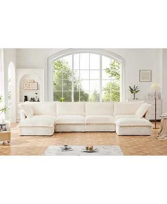 U-Shaped Slipcovered Sectional, Deep Seat & Cushions, Cream Corduroy (4-Seater)
