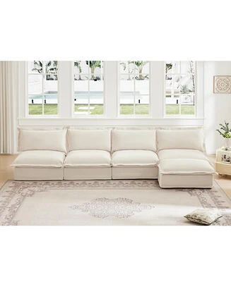 Cream Chenille Sectional Sofa with Removable Ottoman