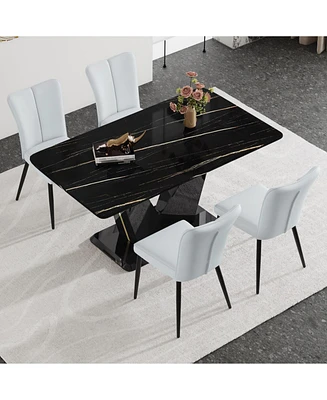 Black & Gold Glass Dining Table Set with 4 Light Gray Chairs