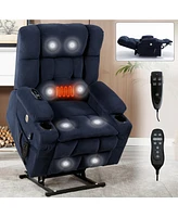 Blue Dual Motor Infinite Position Up to 350 Lbs Chenille Power Lift Recliner Chair, Heavy Duty Motion Mechanism with 8-Point Vibration Massage and Lum