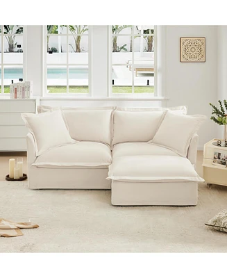Cream Chenille Sectional Sofa with Ottoman and Pillows