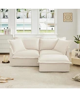 Cream Chenille Sectional Sofa with Ottoman and Pillows