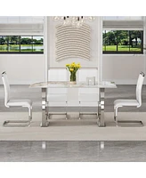 Pandora Sintered Stone Dining Set: 4 White Pu Chairs, Silver Legs