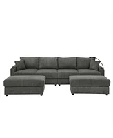 Modern U-Shaped Sofa with Ottomans & Storage: Grey Corduroy