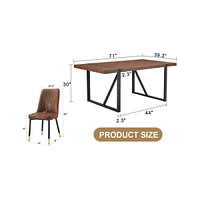 Industrial Walnut Dining Set with 6 Brown Suede Chairs