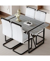 Modern Marble Texture Dining Set: Grey Mdf Table with 4 Pu Chairs
