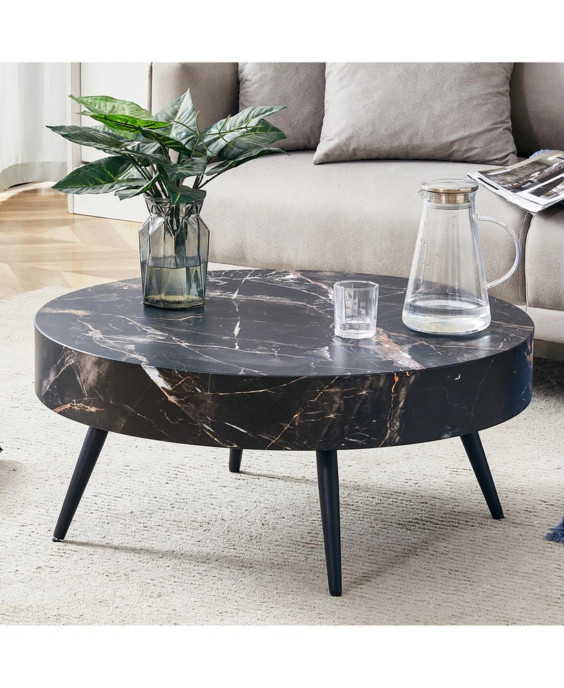 31.5" Black Marble-Patterned Round Coffee Table with Metal Legs