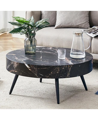 31.5" Black Marble-Patterned Round Coffee Table with Metal Legs