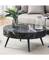 31.5" Black Marble-Patterned Round Coffee Table with Metal Legs