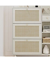 Natural Bohemia Style Shoe Cabinet, Shoe Rack Cabinet with 3 Rattan Flip Drawers,3 Square Shelves and 1 Storage Drawer, Shoe Organizer with Mulit Stor