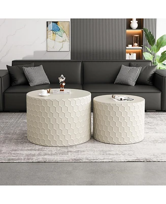 Stylish and Minimalist Nesting Coffee Table Set with Honeycomb Design, Modern Round Coffee Table, Drum Circle Coffee Table for Living Room, Bedroom, B